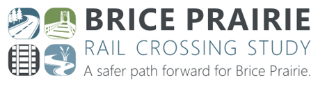 Logo and title for the Brice Prairie Rail Crossing Study. The logo contains four smaller illustrations of a road curving around 3 pine trees, a bridge, a railroad track, and a small stream next to a cattail plant.