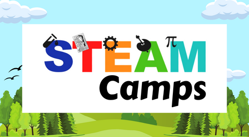 Image of illustrated outdoor scene with words STEAM Camps