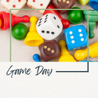 Image of board game pieces with text game day