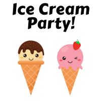 Image of cartoon ice cream cones with smiley faces and the words Ice Cream Party