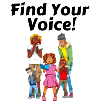 Anime style image of two adults and three children with words Find Your Voice