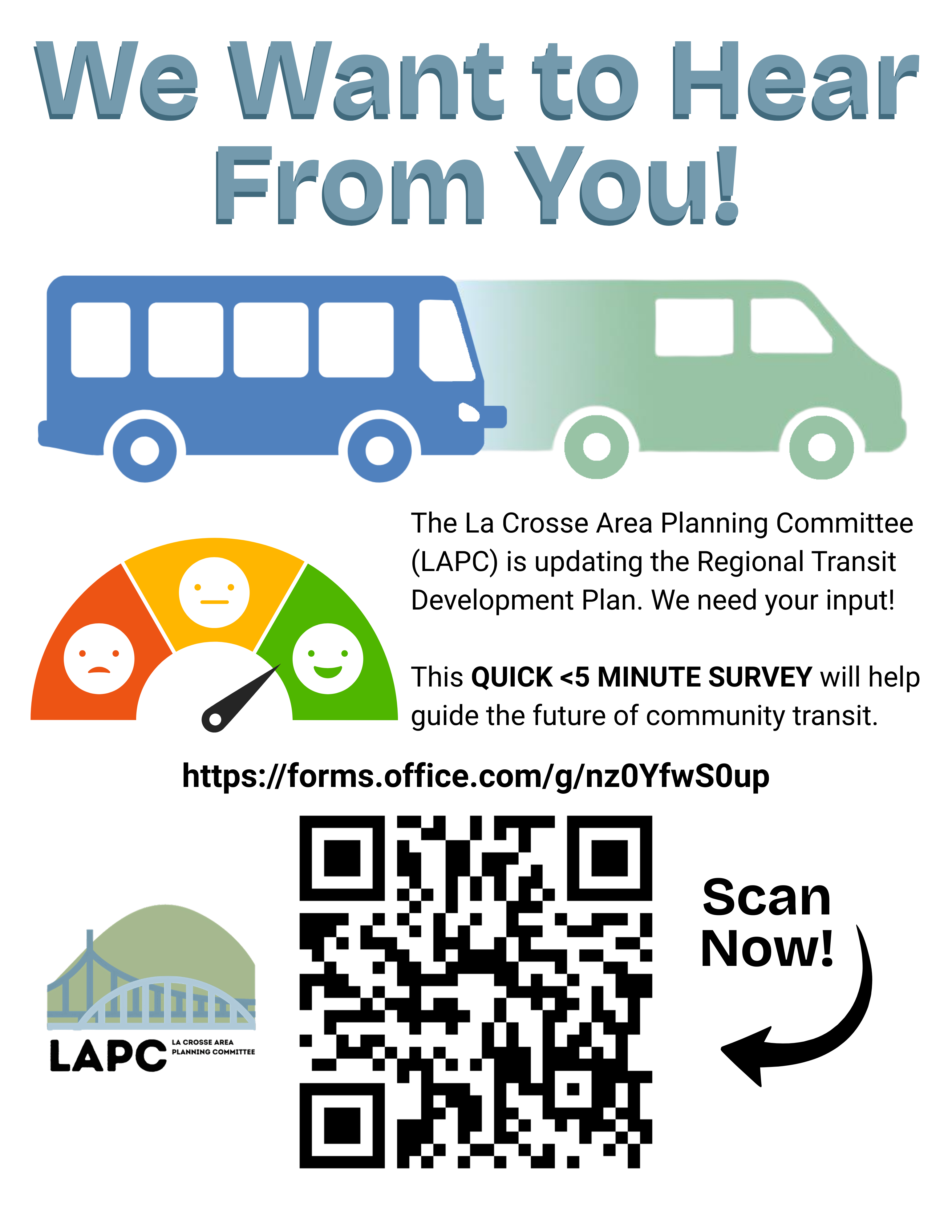 Poster advertizing the La Crosse Area Planning Committe survey for the Transit Development Plan update.